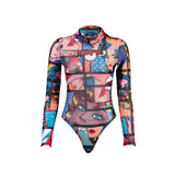Women's Clothing 2024 Spring Hottie Net Yarn Printing Tight-Body Collar Cartoon Pattern Top