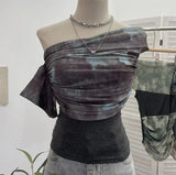 Fongt Shooting Can Wear Two-Wear Art Dizzy Net Yarn Spliced A Word Shoulder T-Shirt To Repair The Chest Short Babes Top 1131