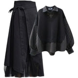 2024 Autumn New Patchwork Striped Shirts With Irregular Skirts Women's Two-piece Sets Oversized Female Fashion TH1346-Outfit