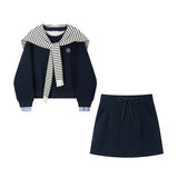 Fongt Autumn Wears Korean College Style Blue Embroidered Long-Sleeved Jacket Dress Dress Suit