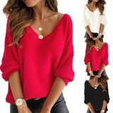 Fongt Autumn New Imitation Marinose Sweater Female Solid Color Long-Sleeved V-Neck Loose Large-Size Woman