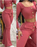 Fongt Summer 2024 Elegant U-Neck Button Nine-Point Sleeve Top With Waist Pocket Design Bell-Bottom
