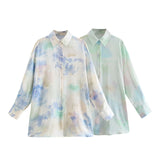 Women New Spring Autumn Retro Tie Dye Printing Simple Style Loose Long Sleeve Lapel Shirt Casual Chic