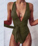 Solid Red One Piece Swimsuit Women Push Up Lace Up Bandage Bodysuit Brazilian Deep V Neck Backless Bathing Suit