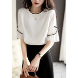 Fongt Folded Spliced Bow Round Collar Shirt Women's New Summer Yang Ramming Edge Professional Tops Thin
