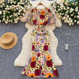 Fongt High-End Elegant Heavy Industry Flower Embroidery Round Collar Lantern Sleeves To Close The Waist Slim Slimmed Fishtail Dress Dress