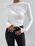 Fongt Solid Color Trim Bottom Shirt Folding Design Long-Sleeved T-Shirt Lady Top