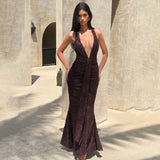 Fongt New Women's Sexy Deep V-Low Backpack Skirt With Folded Fishtail Dress