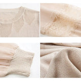 Chiffon Lace Patchwork Knitted Pullovers Women Spring Casual Loose Lantern Sleeve Knitwear Fashion Hollow Out Korean
