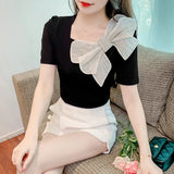 Fongt Shot Summer New Square Collar Short Sleeve Bow Bubble Sleeve Design Sense Joker Head Shirt Jacket-Outfit