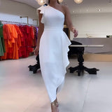Fongt 2023 New Fashion Solid Color Diagonal Lace Sleeve Slit Sexy Skirt-Outfit