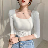 Sleeve Square Collar Slim Cotton T-shirt Tee Girls Solid Summer Basic High Elasticity Tshirts Crop Tops For Women-Outfit