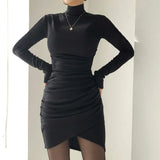 Women Turtleneck Bodycon Dress Fall Spring Office Lady Long Sleeve High Waist Pleated Irregular Hem Mini Dress for