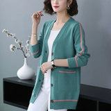 Fashion Women Cardigan Casual 2022 Autumn v Neck Sweater Soft Knitted Korean Single Breasted Pocket Jacket Coat
