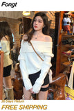 Solid Elegant Knitted Sweater Women Off Shoulder Loose Sweater Female Korean Style Casual Vintage Pullover Sweater