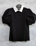 Lapel Neck Shirts Blouses Puff Short Sleeve Blusas Mujer Sweet Loose Camisas Office Lady Ropa Spring Summer Tops-Outfit