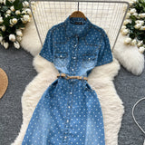 Fongt Familiar Style Niche Fashion Short-Sleeved Wave Dot Denim Dress Women's Waist Thin Temperament Elegant A-Word Shirt Skirt