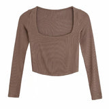 Women Square Collar Knitting Short T Shirt Casual Femme O Neck Long Sleeve Crop Tops