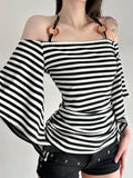 Fongt New Retro Stripe Shoulder Horn Sleeve T-Shirt Hottie Beaded Neck Small Repair Body