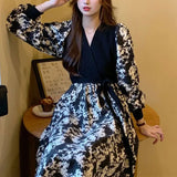 Two Pieces Broken Flowers Patchwork Dresses Female Clothing Elegant V-Neck Spring Autumn Fashion Drawstring Bow Midi Dress-Outfit