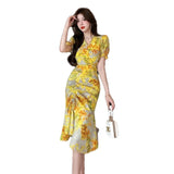 Fongt Style French Retro Floral Snowy Dress Women's Summer New Sanya Beach Irregular Dress