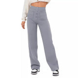Fongt Fashion New Women's Casual Straight Pants High Waist Button Elastic Belt With Multiple