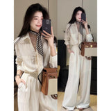 Fongt 2025 Light Luxury A Complete Set Of Female White Thin Shirt Top Small Straight Tube Drag Flooring Casual Pants Set