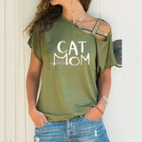 Fongt Explosion Casual Slanted Shoulders Cross Irregular Short-Sleeved Print Women T-Shirts