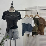 Solid Shooting Denim Splicing Mesh Yarn Short-Sleeved T-Shirt Summer Dress Irregularly Short High-Waist Repair Body Coat