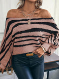 Fongt Autumn And Winter Sweater Women Loose Knitted Zebra Pattern One-Word Shoulder Bat Sleeve Coat