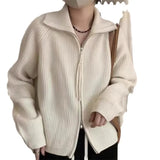 Fongt Zipper Autumn Winter Collar Solid Color Lazy Wind Wear Sweater Coat Jacket Korean Version Soft Waxy Women-Outfit