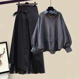 2024 Autumn New Patchwork Striped Shirts With Irregular Skirts Women's Two-piece Sets Oversized Female Fashion TH1346-Outfit