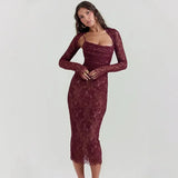 Red Lace Sheer Removable Sleeve And Lace Up Midi Dress-Outfit