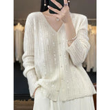 Fongt 2025 New Cardigan Women's V-Necked Squints Sweater Jacket Loose Pearl Buckle Knitting Top