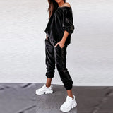 Women O-Neck Velvet Tracksuit Set Loose Long Sleeve Patchwork Pullover Top & Trousers Suit Casual Elastic Waist Pants