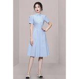 Fongt Elegant Temperament Collar Bubble Sleeves In The Summer Of 2025, Showing Thin Splicing Striped Dress