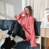 Turtleneck Sweater Women Irregular Button Knitted Pullovers Korean Oversized Knitwear Winter Casual All Match Jumpers Tops-Outfit