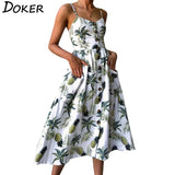 Boho Printed Beach Dress Women Spaghetti Straps Backless Sexy Dresses Female Casual Button Pocket Sleeveless Midi
