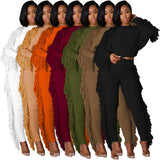 Fongt New Women's Wear Casual Solid Color Knit Long Sleeve Tassel Suit-Outfit
