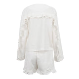 Fongt Women's Summer New Set Beige Long Sleeve Loose Casual Shirt High Waist Shorts Two-Piece Set-Outfit