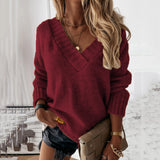 Fongt New Sweater Women's Autumn And Winter Solid Color V-Neck Long-Sleeved Knitted Shirt