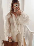 Fongt High-End Design Pure Color Temperament Chiffon Lotus Side Zipper Top With Comfortable Loose Long-Sleeved Shirt
