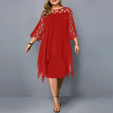 Fongt Women's Lace Splicing Seven-Sleeve Irregularly Sleeves Chiffon Dress Women