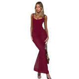 Fongt Women's New Fashion Temperament Repair Stitching Sexy Net Bare Back Slings Long Dress