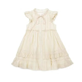 Fongt Sweet Little Flying Sleeve Fairy Dress Summer Lace Wood Ear Tie Waist Thin Princess Dress