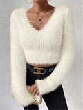 Fongt And Winter New Solid Color V-Neck Repair With Plush Short Lady Sweater