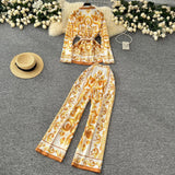 Fongt Fashion Positioning Print Strapping Belt Collar Long Sleeve Top Female High-Waist Broad Leg Straight Trousers Set