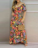 Independent Station 2023 New Short-Sleeved Print V Neckline Waist Tie Dress Long Dress-Outfit