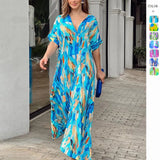 Fongt Summer High-Waisted Print Commuting Temperament Short-Sleeved Long Dress Women's Long Dress