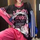 Cartoon Letter Printed Pullovers Casual Loose Summer Thin Round Neck Women's Clothing Fashion Spliced Basic Gauze T-shirt-Outfit